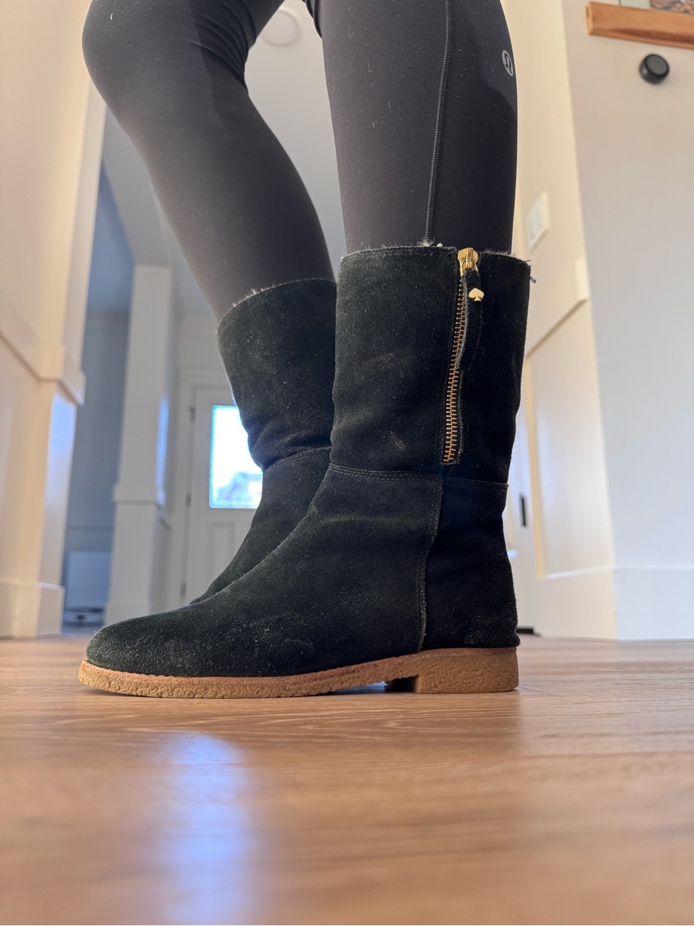 kate spade Black Suede Ankle Boots with Gold Zip